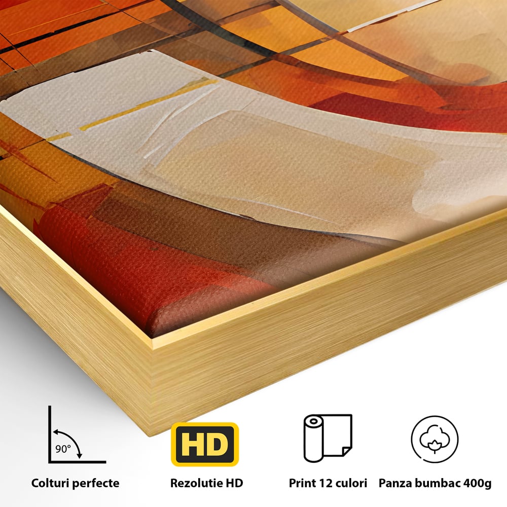 Detaliu al suprafetei: tablou canvas cu pictura abstracta geometrica, in rama de aluminiu auriu